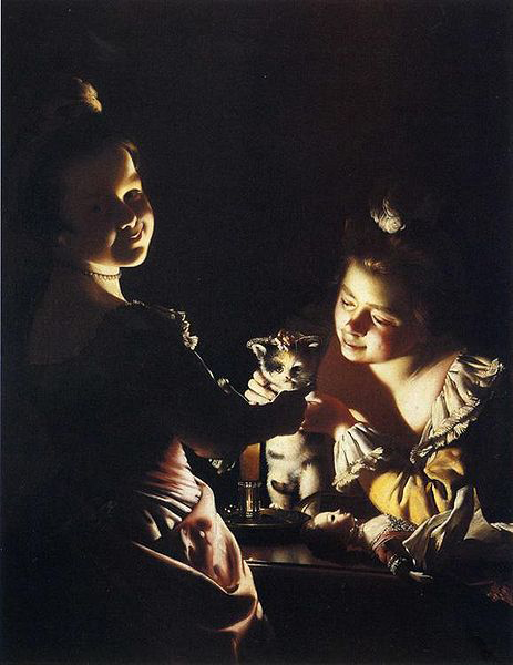 Joseph Wright of Derby. Two Girls Dressing a Kitten